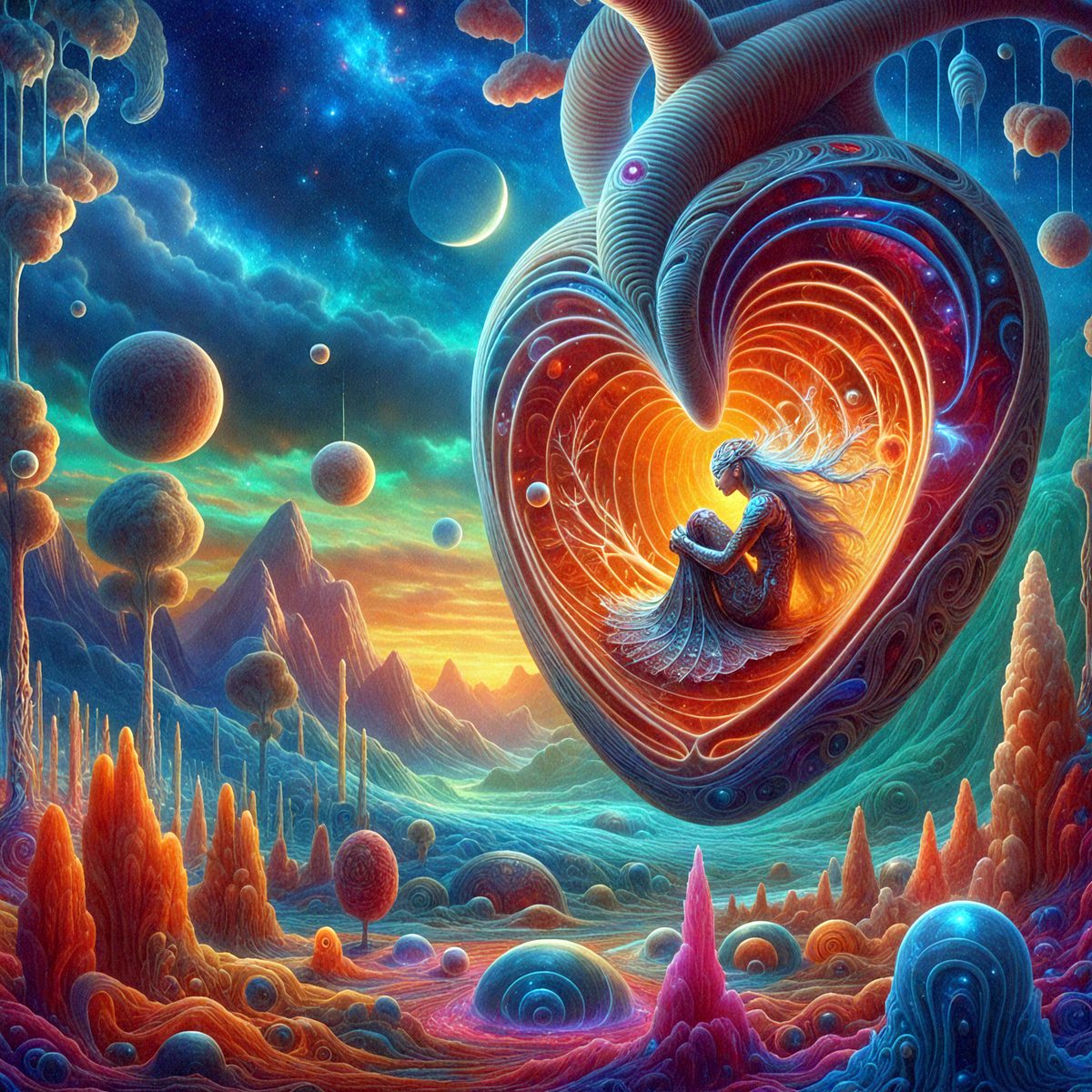 The primary subject of the image is a heart-shaped spacecraft, which is the main focus of the scene. The setting is a colorful, surreal landscape with various celestial bodies, such as planets and stars, in the background. The visual style is digital art, as the heart-shaped spacecraft and the surrounding environment are created using digital tools. The colors and mood of the image are vibrant and whimsical, with a sense of wonder and imagination.